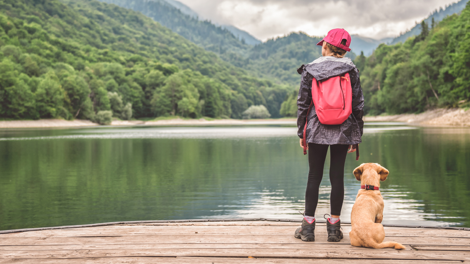 a child and puppy look out over the lake