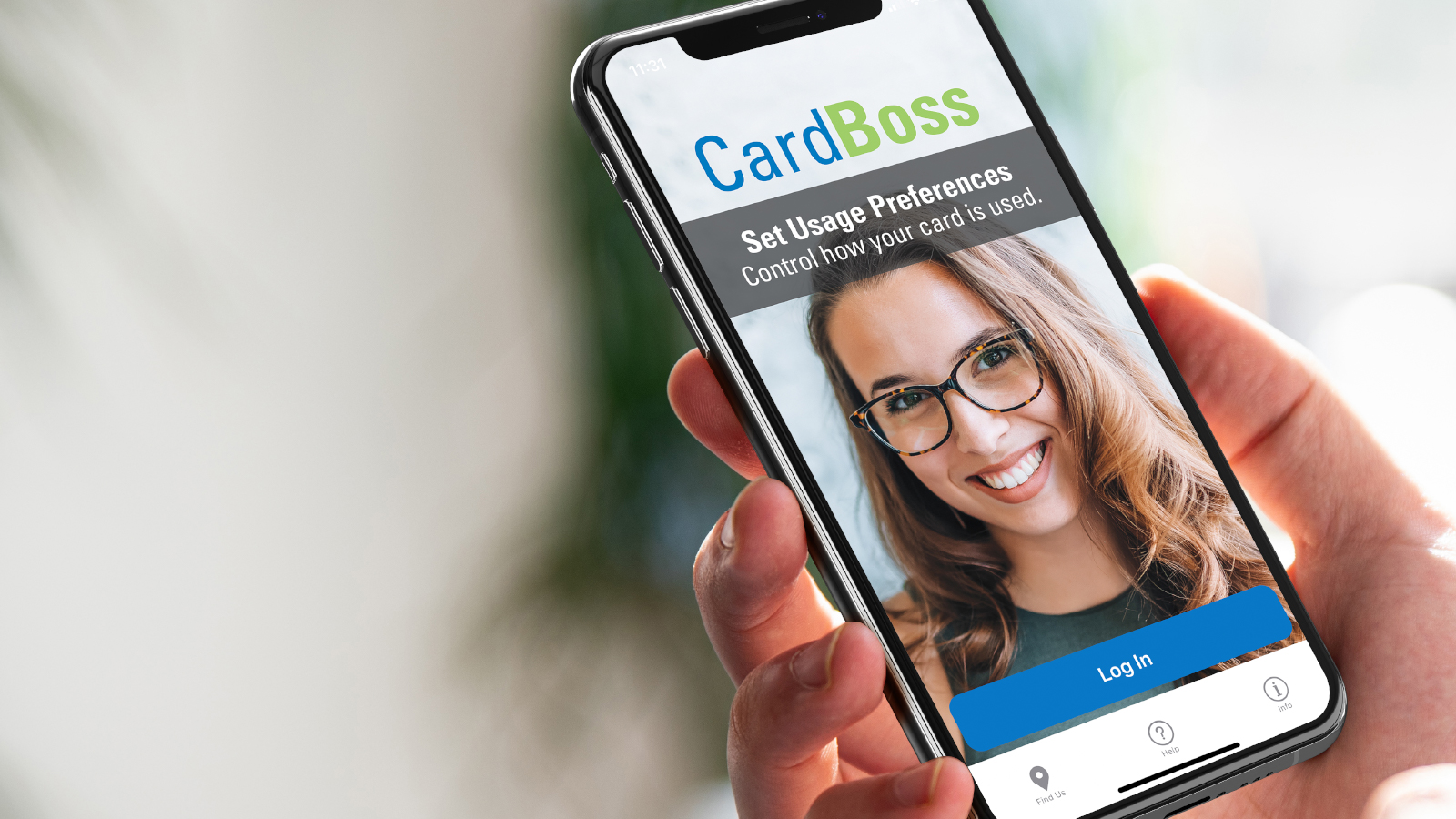 hand holding mobile phone with CardBoss app on the screen