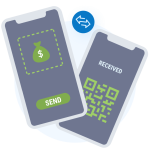 Images of cell phones with the send and receive options with Zelle.