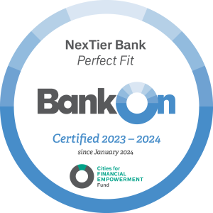 Image of BankOn Certification demonstrating NexTier Bank is approved to share this product